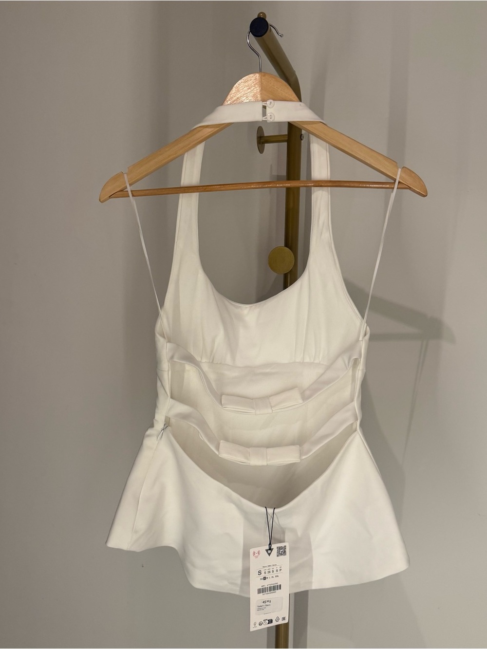 Zara NWT White Halter Peplum Tank Top with Bow Detail Cutout Open Back Size S